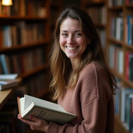 A friendly portrait of the owner of Arctic Pages, Elara Jensen, standing amidst bookshelves in the shop. She is in her late 30s, smiling warmly, wearing a comfortable sweater, and holding a book.