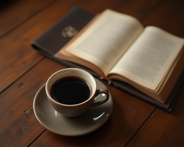A steaming cup of dark coffee sits beside an open hardcover book on a warm, well-worn wooden table, inviting a moment of quiet reading.